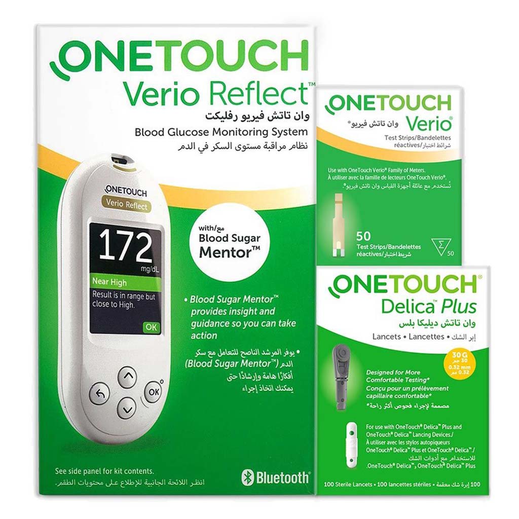 OneTouch Verio Reflect Blood Glucose Monitoring System + OneTouch Verio Test Strips 50's + OneTouch Delica Plus Lancets 100's Offer Pack