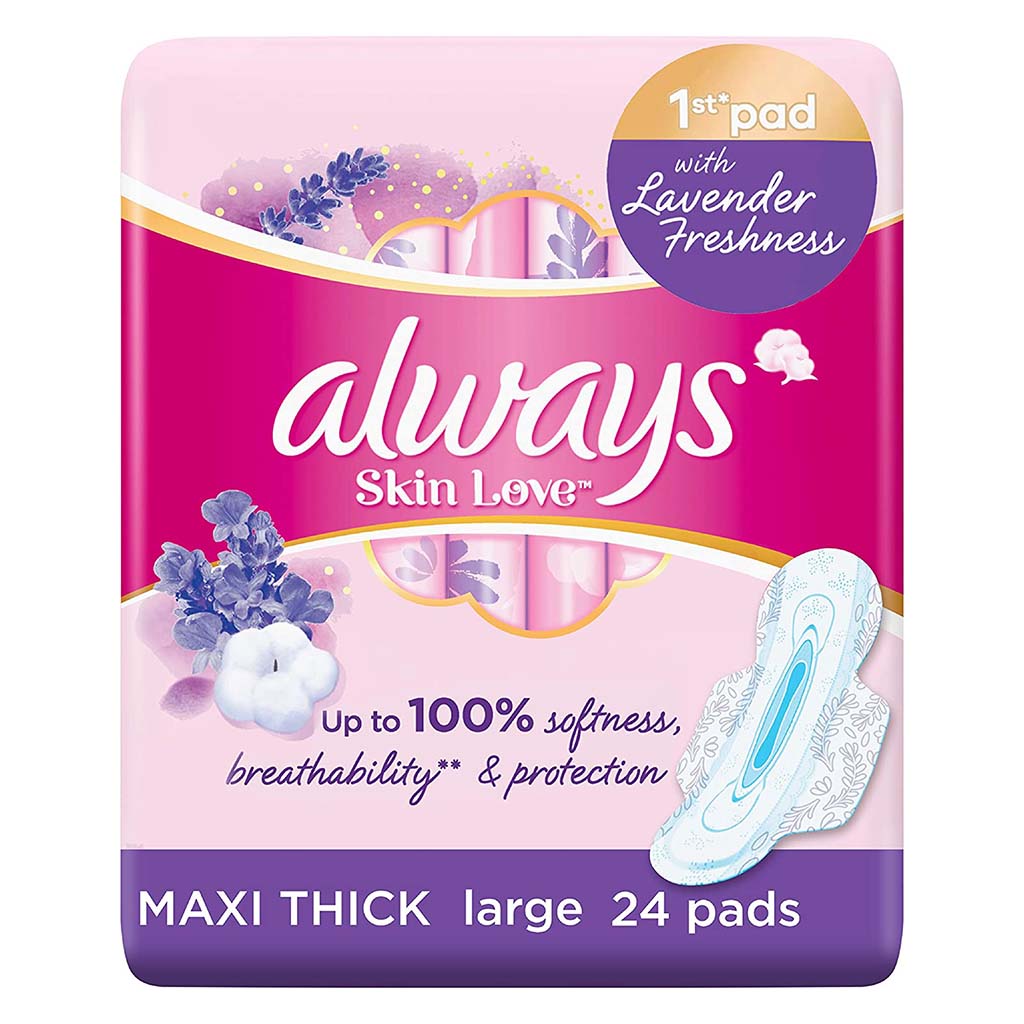 Always Skin Love Maxi Thick & Large Sanitary Pads With Lavender Freshness, Pack of 24's
