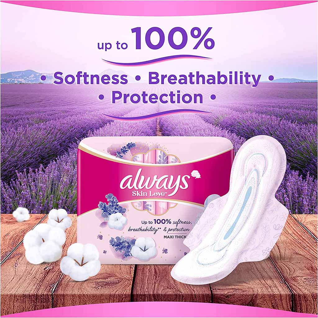 Always Skin Love Maxi Thick & Large Sanitary Pads With Lavender Freshness, Pack of 24's