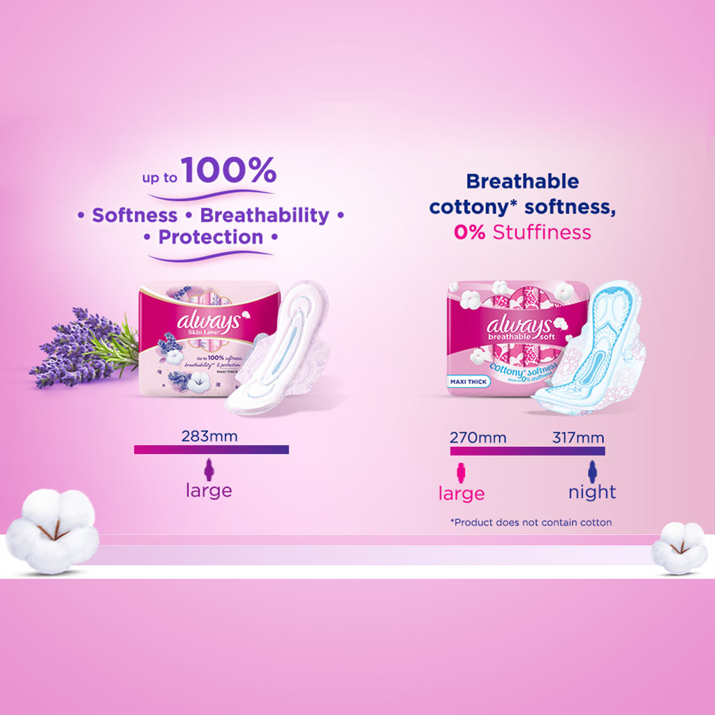 Always Skin Love Maxi Thick & Large Sanitary Pads With Lavender Freshness, Pack of 24's
