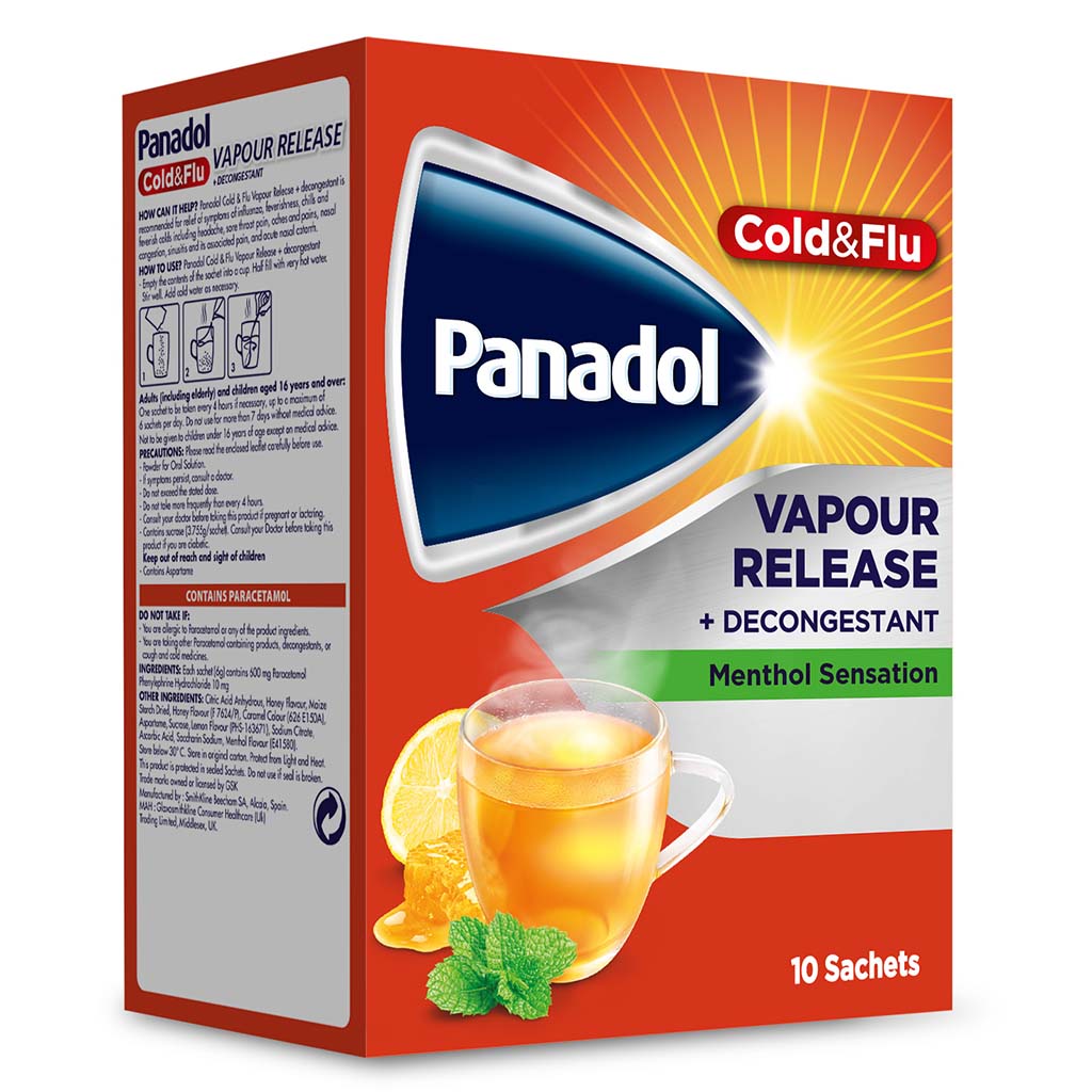 Panadol Cold & Flu Vapour Release + Decongestant Sachets With Hot Lemon & Honey, Menthol Sensation, Pack of 10's