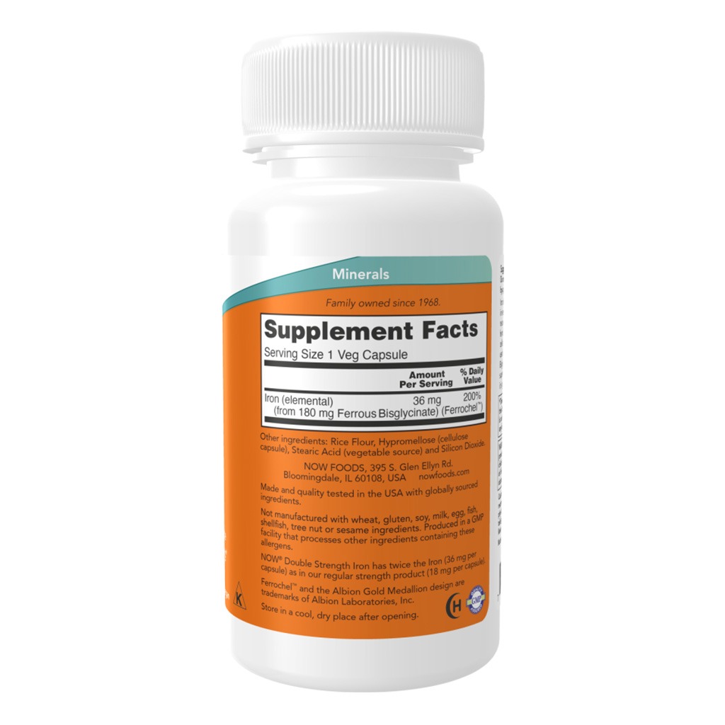 Now Double Strength Iron 36mg Non-Constipating Veg Capsules For Healthy Blood Count, Pack of 30's