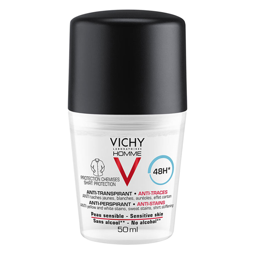 Vichy Homme 48 Hour Anti-Perspirant, Anti-Stain Alcohol Free Deodorant Roll On 50ml