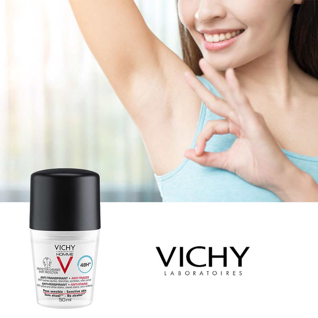 Vichy Homme 48 Hour Anti-Perspirant, Anti-Stain Alcohol Free Deodorant Roll On 50ml