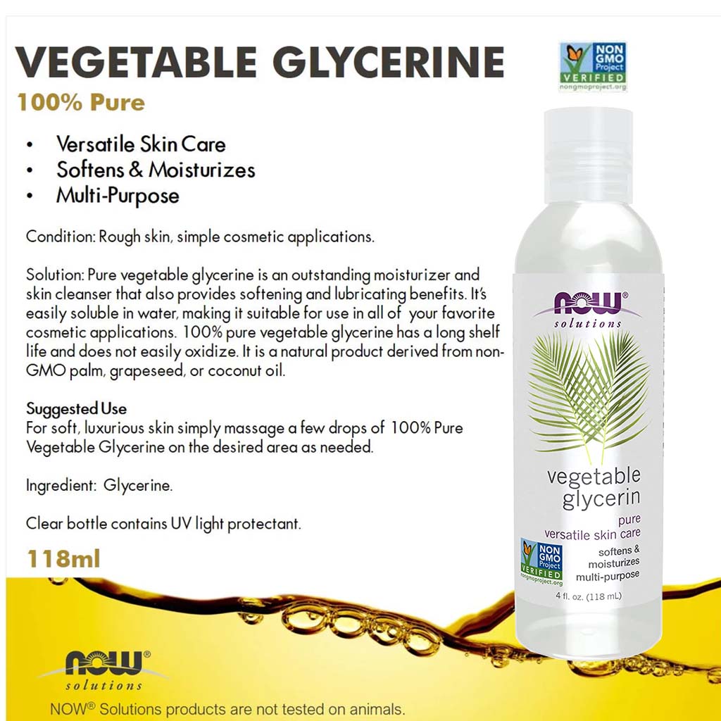 Now Solutions Vegetable Glycerin Oil, 100% Pure For Rough & Dry Skin Moisturization 118ml