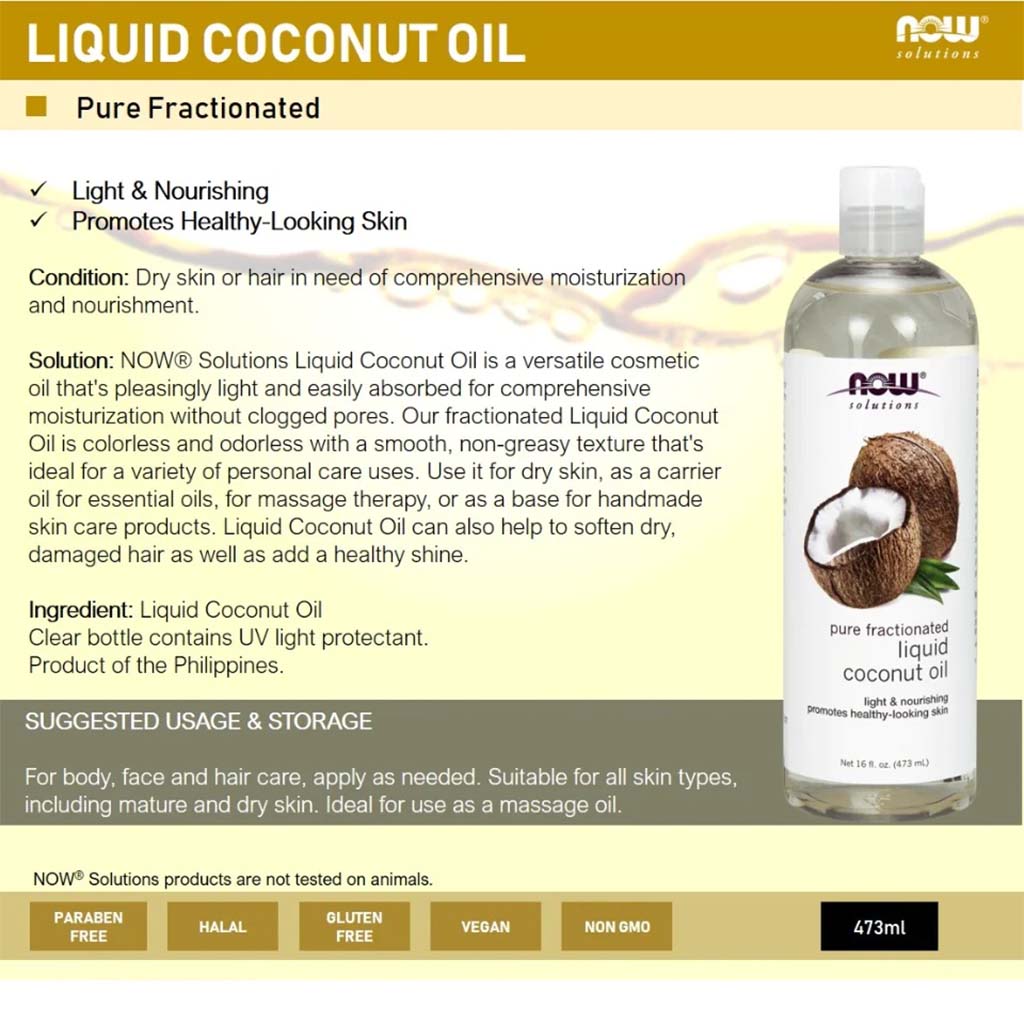 Now Solutions Pure Fractionated Liquid Coconut Oil For Dry Skin & Hair 475ml