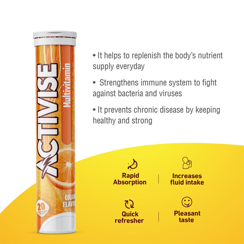 Activise Multivitamins Orange Flavour Effervescent Tablets For Energy & Wellness, Pack of 20's