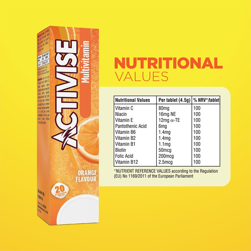 Activise Multivitamins Orange Flavour Effervescent Tablets For Energy & Wellness, Pack of 20's