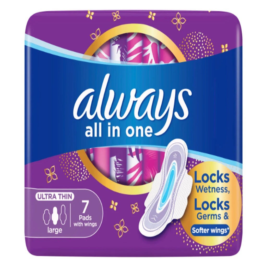 Always All In One Ultra Thin Large Sanitary Pad With Softer Wings, Pack of 7's