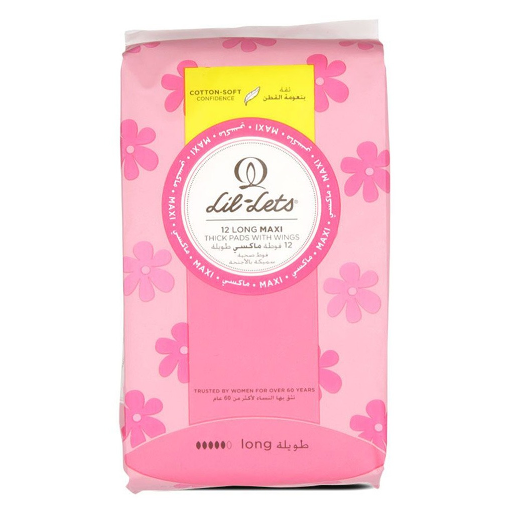 Lil-lets Maxi Thick Long Cotton Soft Sanitary Pads With Wings 12's
