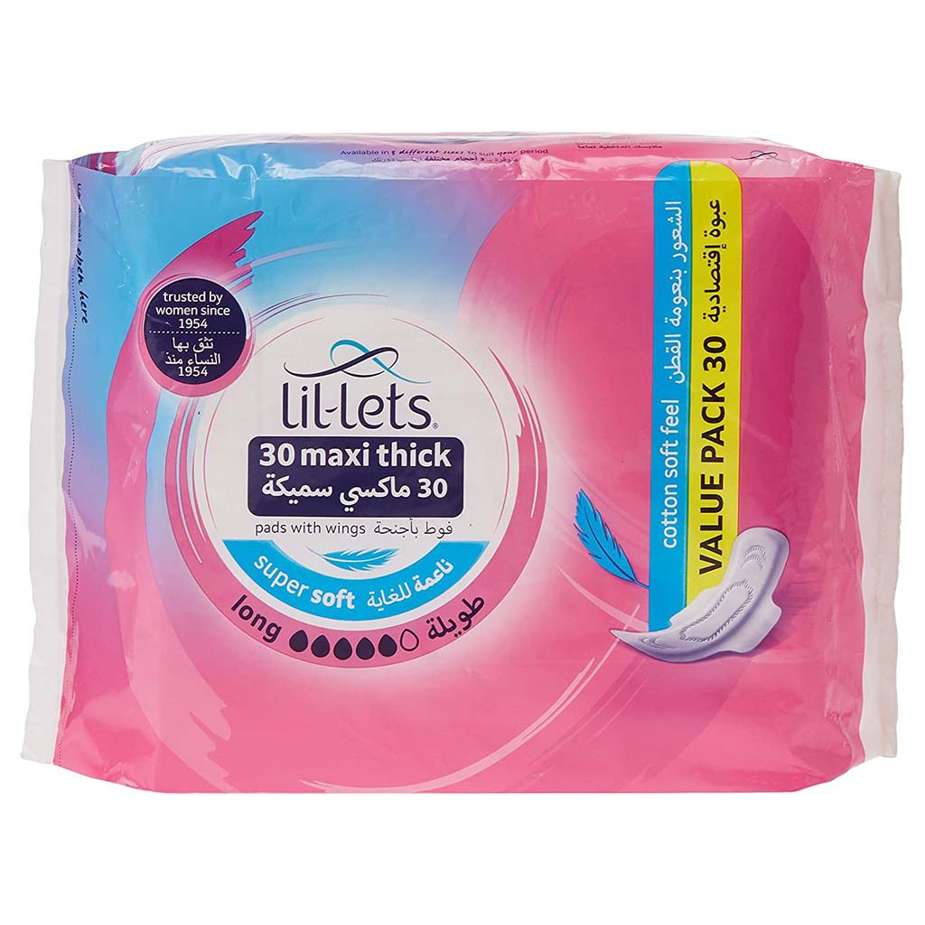 Lil-lets Maxi Thick Cotton Soft Long Sanitary Pads With Wings, Pack of 30's