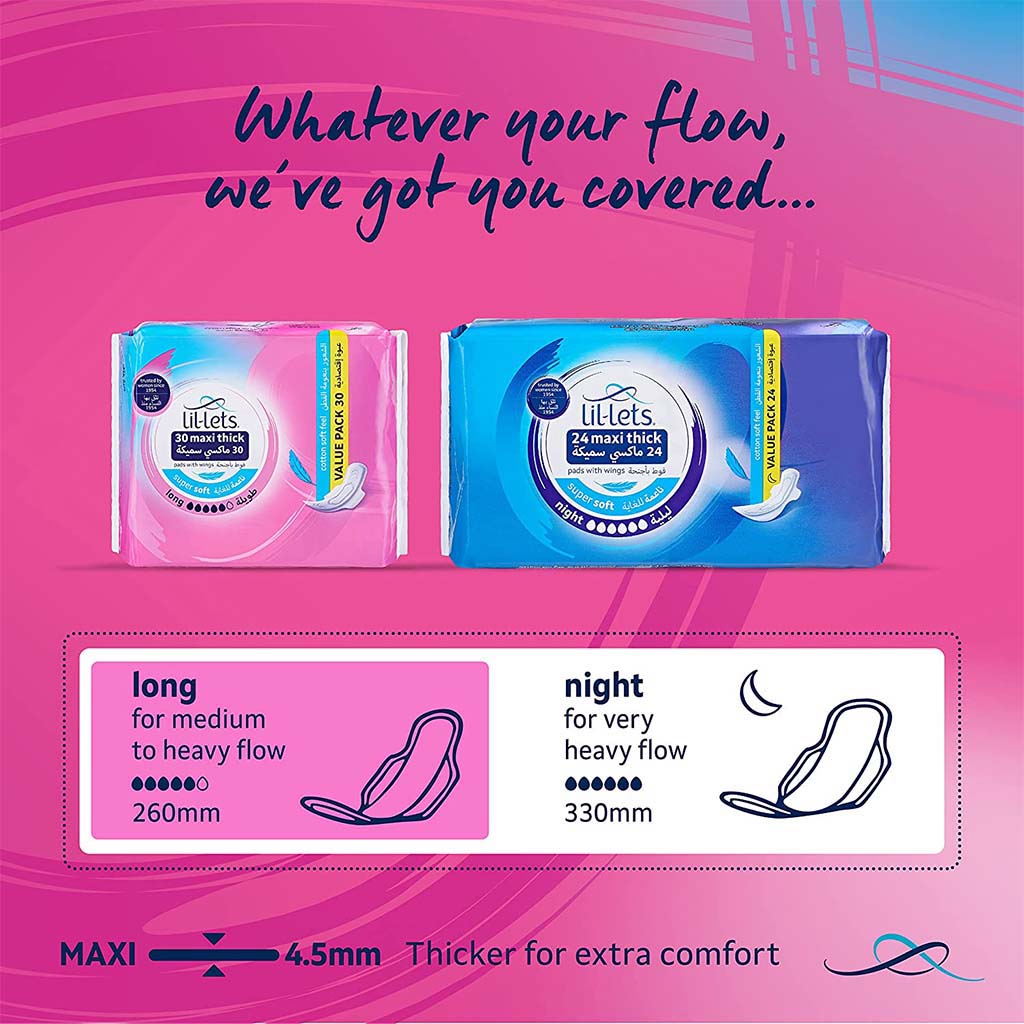 Lil-lets Maxi Thick Cotton Soft Long Sanitary Pads With Wings, Pack of 30's