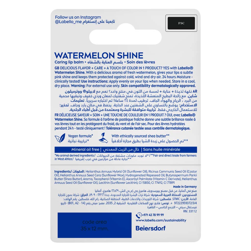 Labello 24H Moisture Watermelon Shine Lip Balm 4.8g - Pink Tint