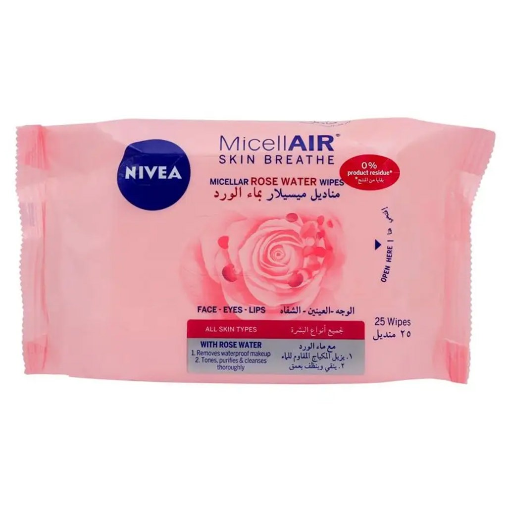Nivea MicellAIR Skin Breathe Micellar Rose Water Face Wipes, Pack of 25’s