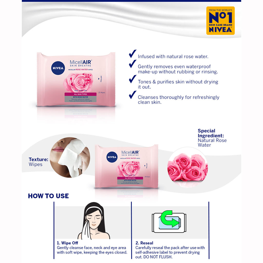 Nivea MicellAIR Skin Breathe Micellar Rose Water Face Wipes, Pack of 25’s