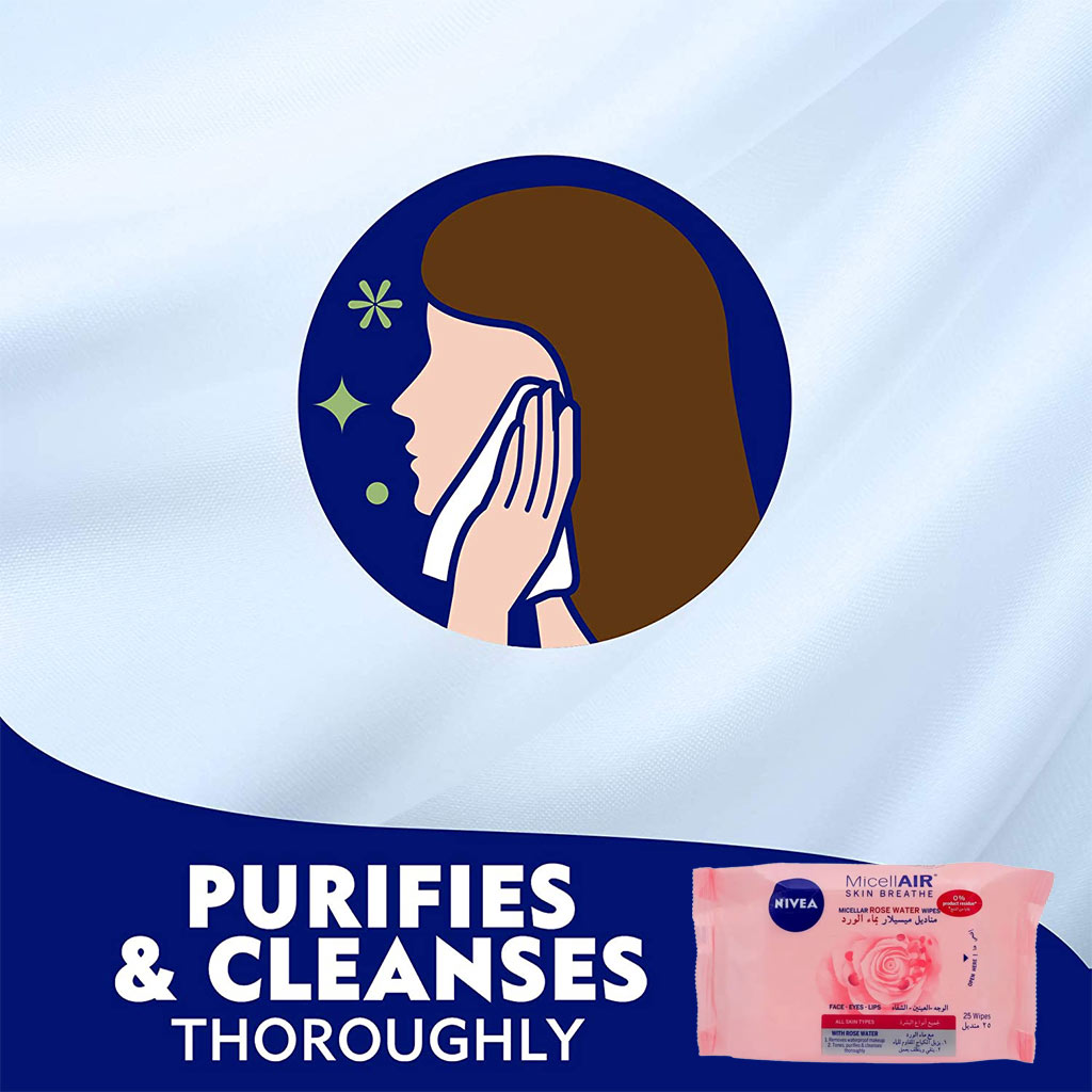 Nivea MicellAIR Skin Breathe Micellar Rose Water Face Wipes, Pack of 25’s