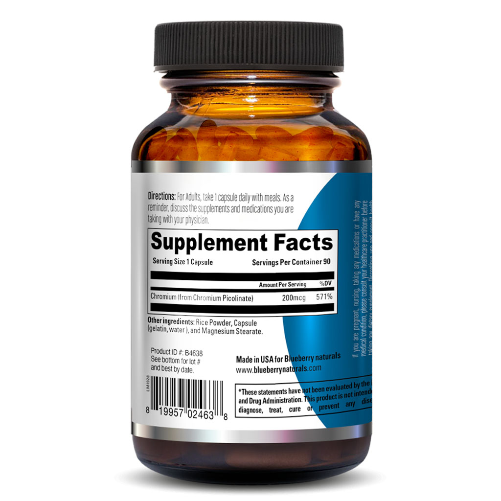 Blueberry Naturals Chromium Picolinate 200mcg Capsules For Healthy Blood Sugar, Pack of 90's