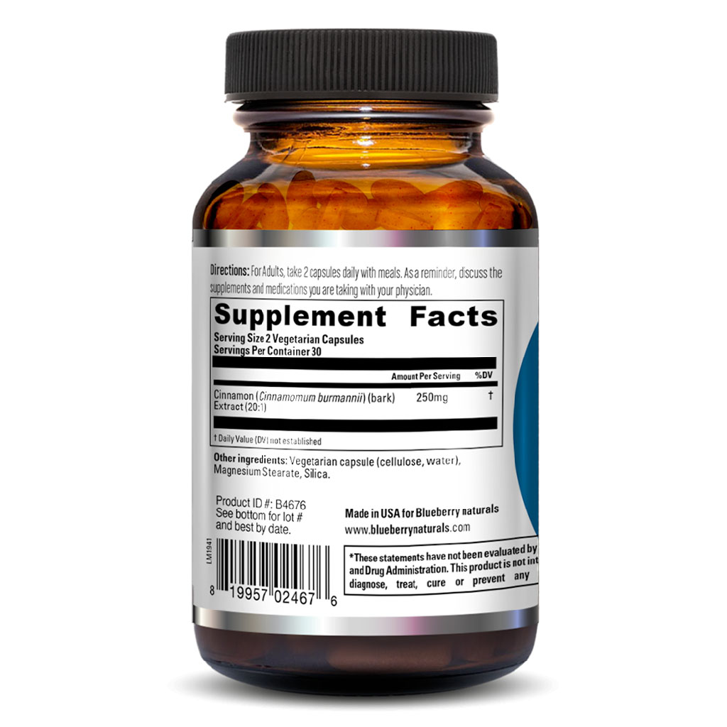 Blueberry Naturals Cinnamon Extract 250mg Vegetarian Capsules For Healthy Blood Sugar Support, Pack of 60's