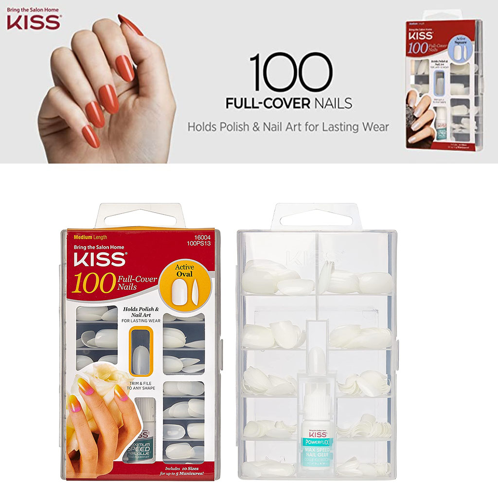 Kiss 100 Full Cover Nail Kit, Active Oval With Glue, 100PS13C, Pack of 100's