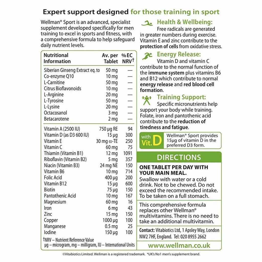 Vitabiotics Wellman Sport Men's Multivitamin Supplement Tablets For Health & Vitality, Pack of 30's