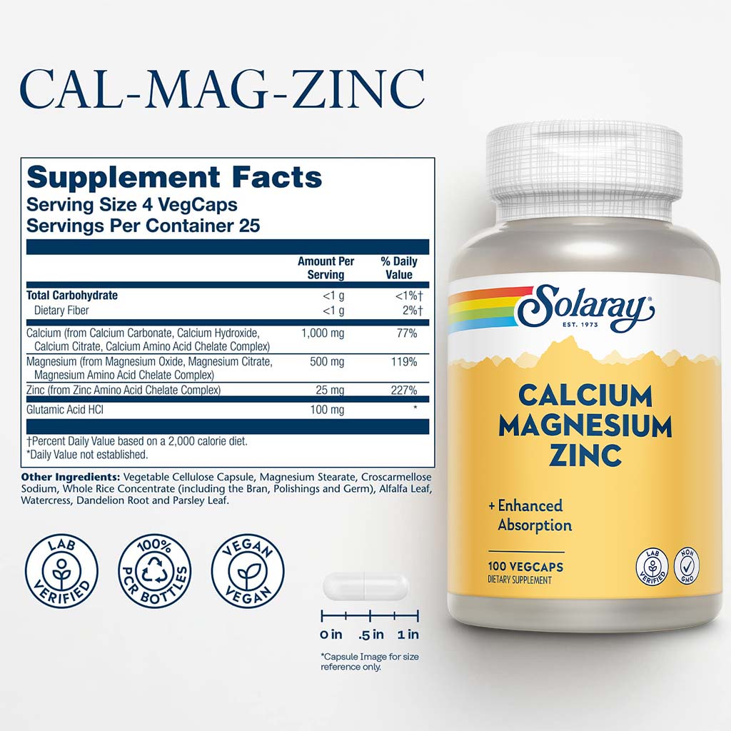 Solaray Calcium Magnesium Zinc Veg Capsules 100's