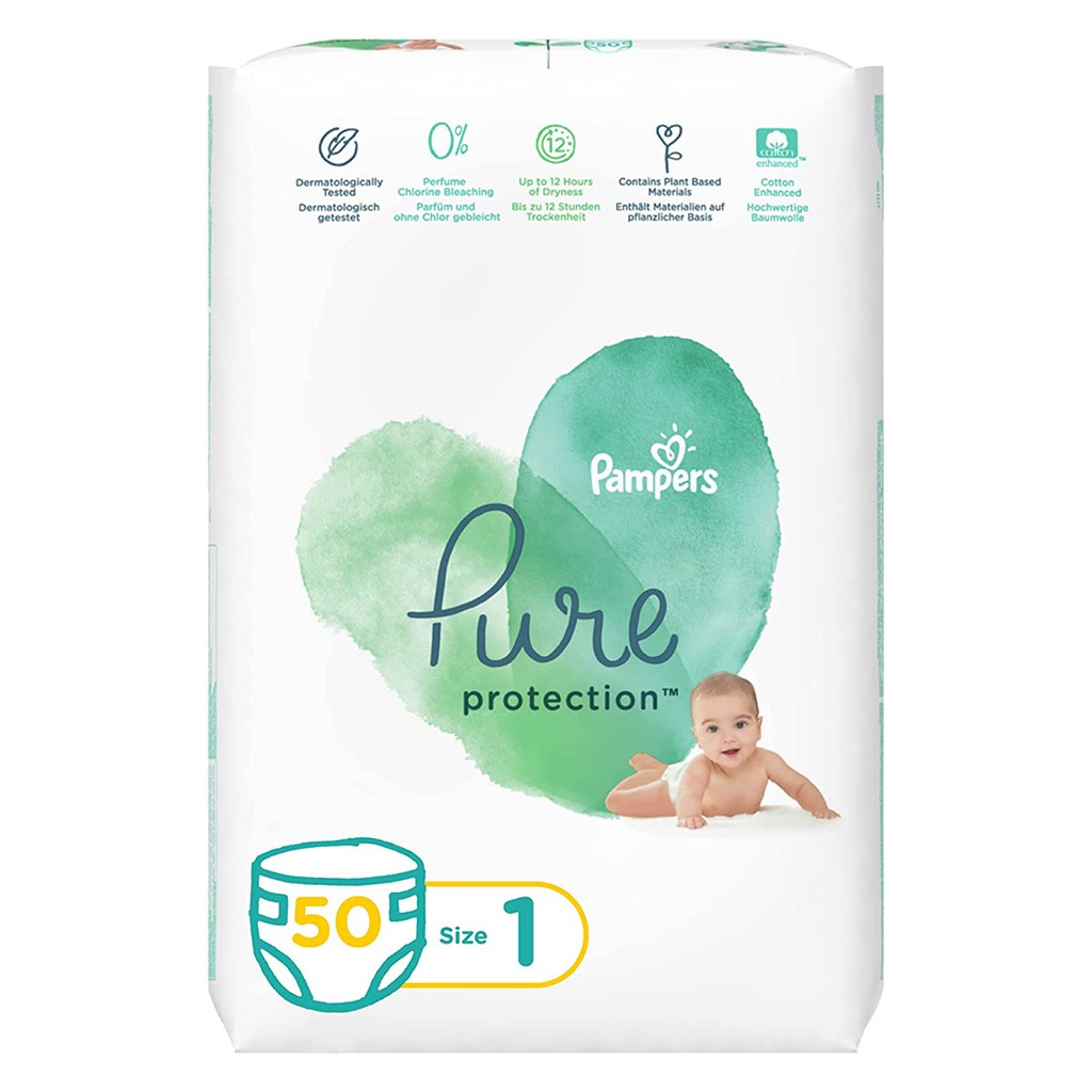 Pampers Pure Protection Premium Cotton Newborn Baby Diapers, Size 1, 2-5Kg, Pack of 50's
