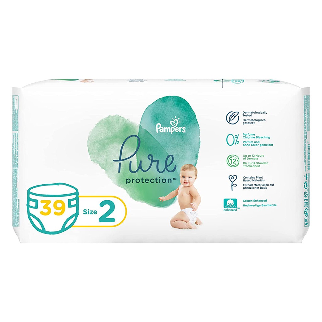 Pampers Pure Protection Premium Cotton Baby Diapers, Size 2, 4-8Kg, Pack of 39's