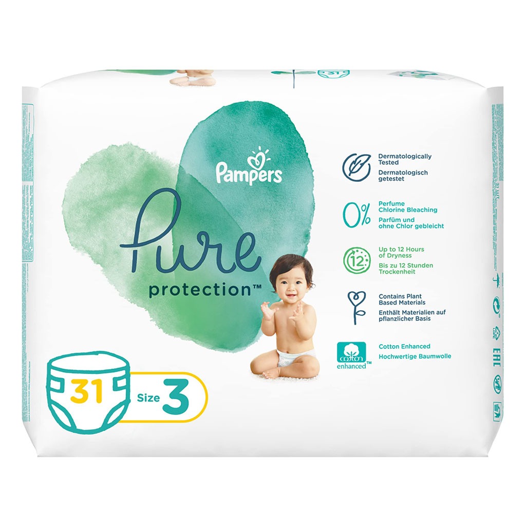 Pampers Pure Protection Premium Cotton Baby Diapers, Size 3, 6-10Kg, Pack of 31's