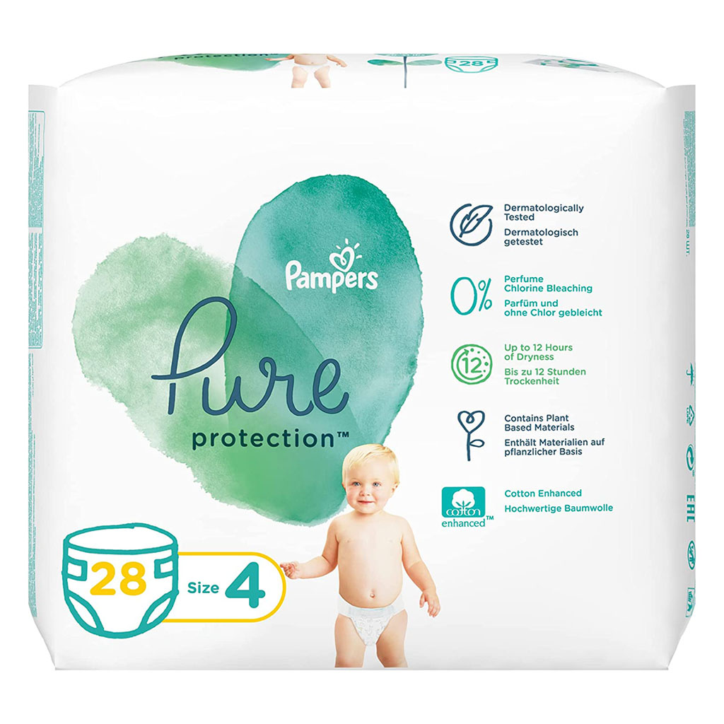 Pampers Pure Protection Premium Cotton Baby Diapers, Size 4, 9-14Kg, Pack of 28's