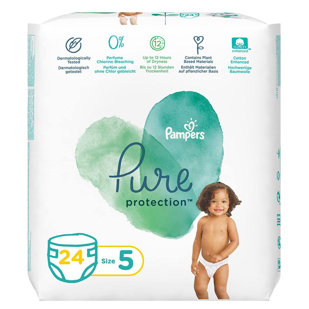 Pampers Pure Protection Premium Cotton Baby Diapers, Size 5, 11+Kg, Pack of 24's