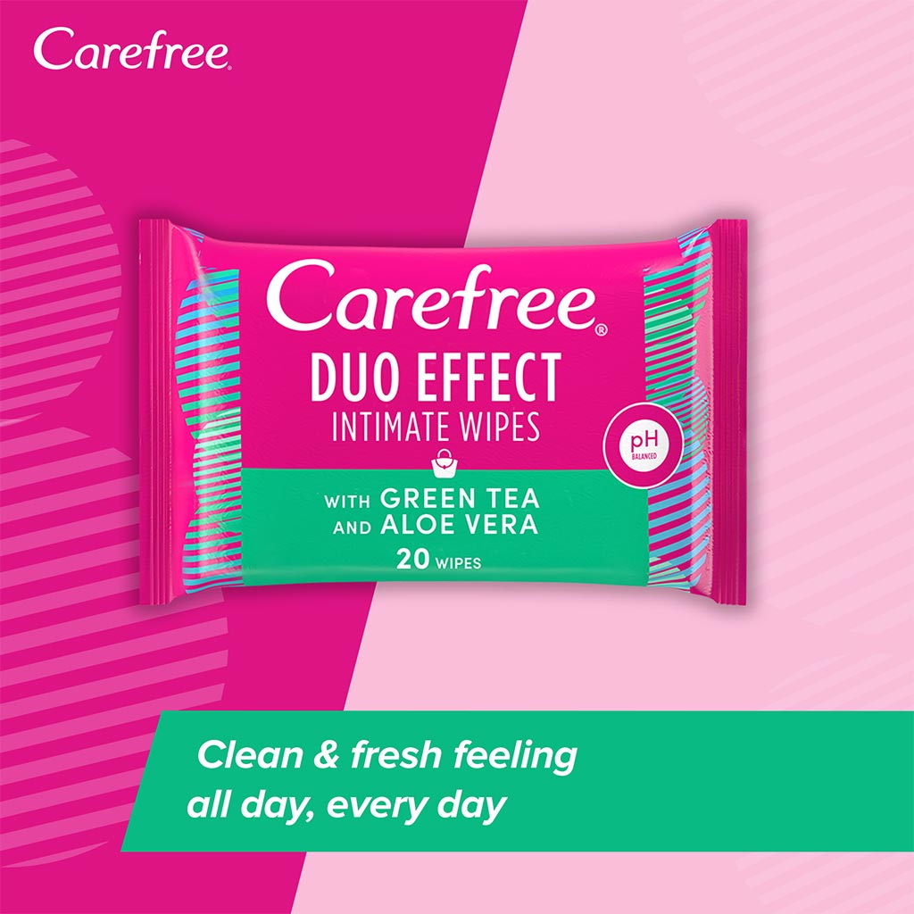 Carefree Duo Effect Intimate Wipes With Green Tea and Aloe Vera, Pack of 20's