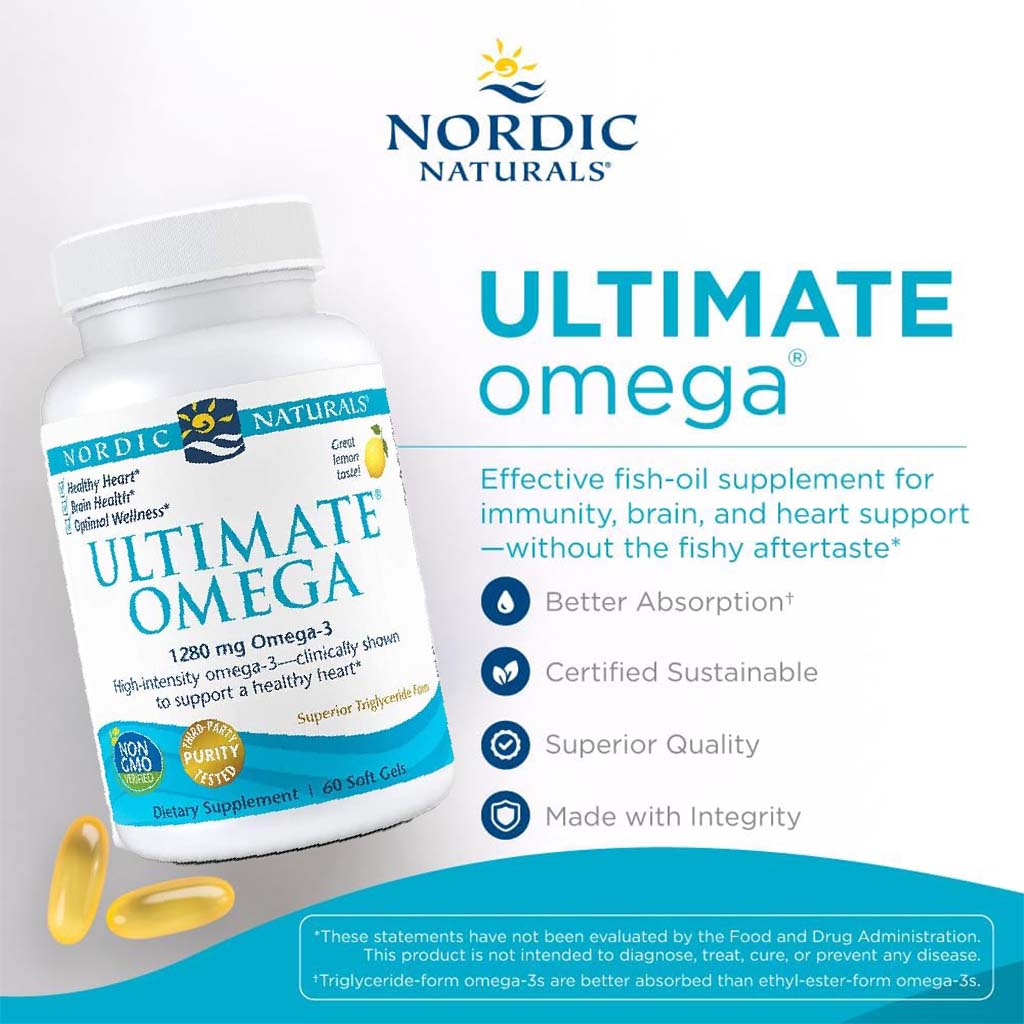 Nordic Naturals Ultimate Omega 3 1280mg Per Serving Fish Oil Supplement Softgels, Pack of 60's