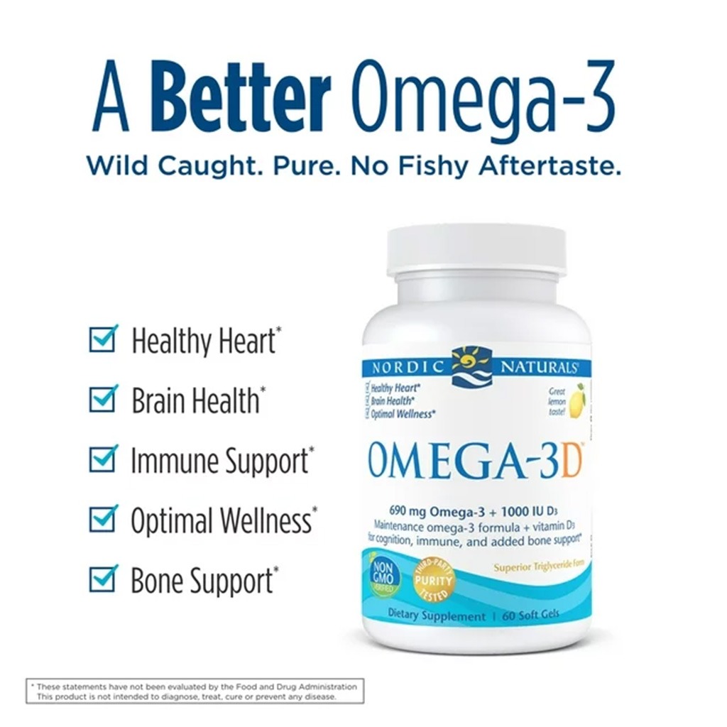 Nordic Naturals Omega 3D Omega 3 + Vitamin D3 Fish Oil Supplement Softgels - Lemon Flavour, Pack of 60's