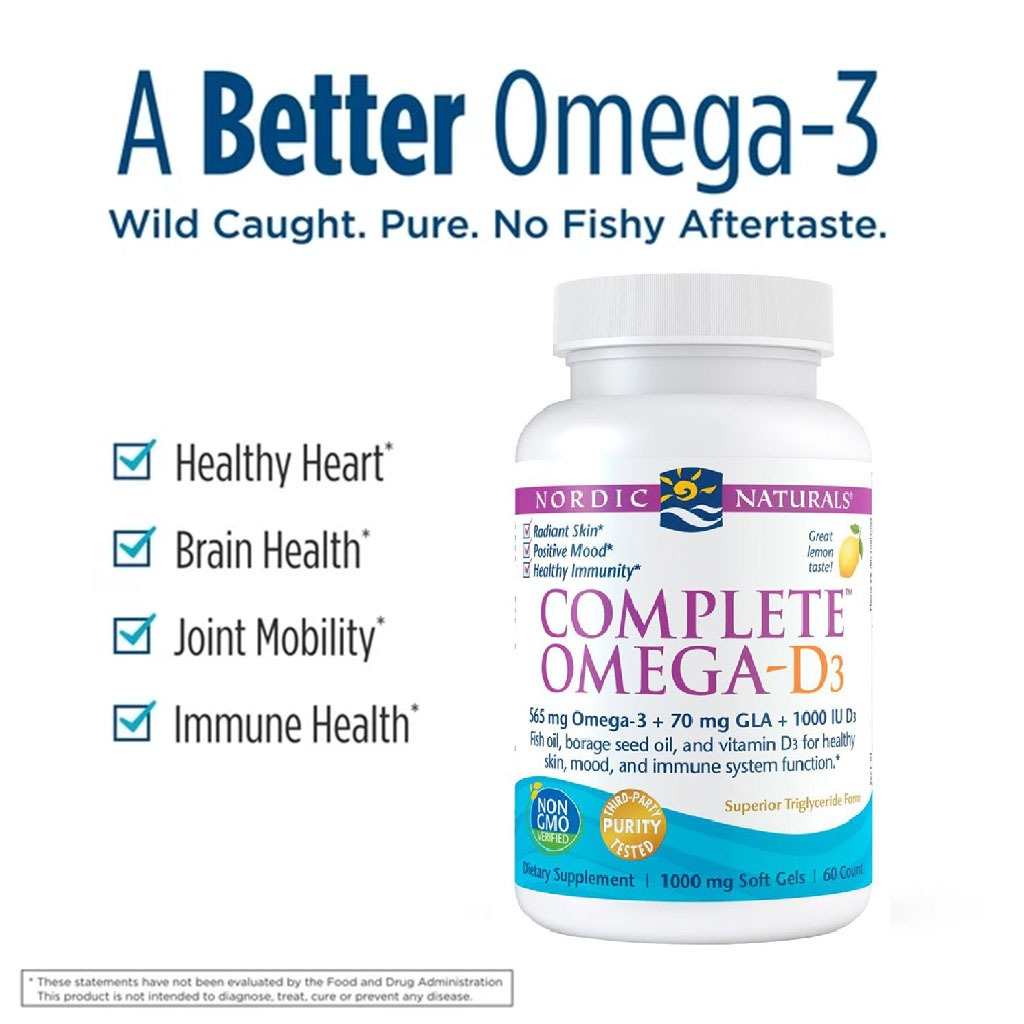 Nordic Naturals Complete Omega-D3 Omega 3 6 9 + Vitamin D3 Fish Oil Supplement Softgels - Lemon Flavour, Pack of 60's