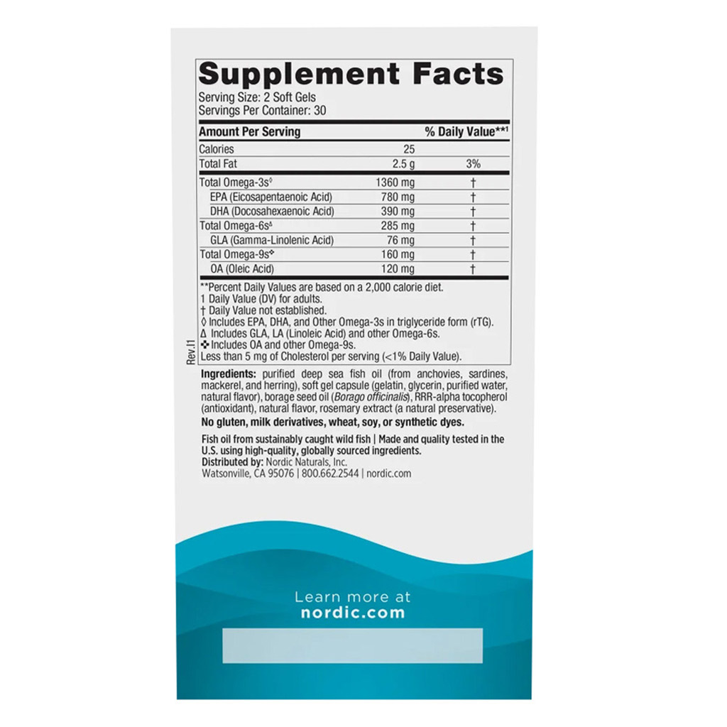 Nordic Naturals Complete Omega Xtra Omega 3 6 9 Fish Oil Supplement Softgels, Pack of 60's