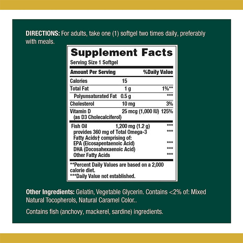 Nature's Bounty 1200mg Fish Oil + 1000IU Vitamin D3 Supplement Softgels, Pack of 90's