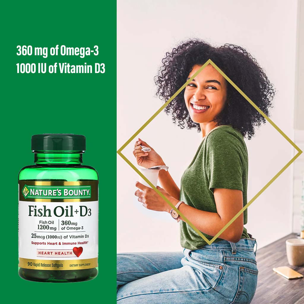 Nature's Bounty 1200mg Fish Oil + 1000IU Vitamin D3 Supplement Softgels, Pack of 90's