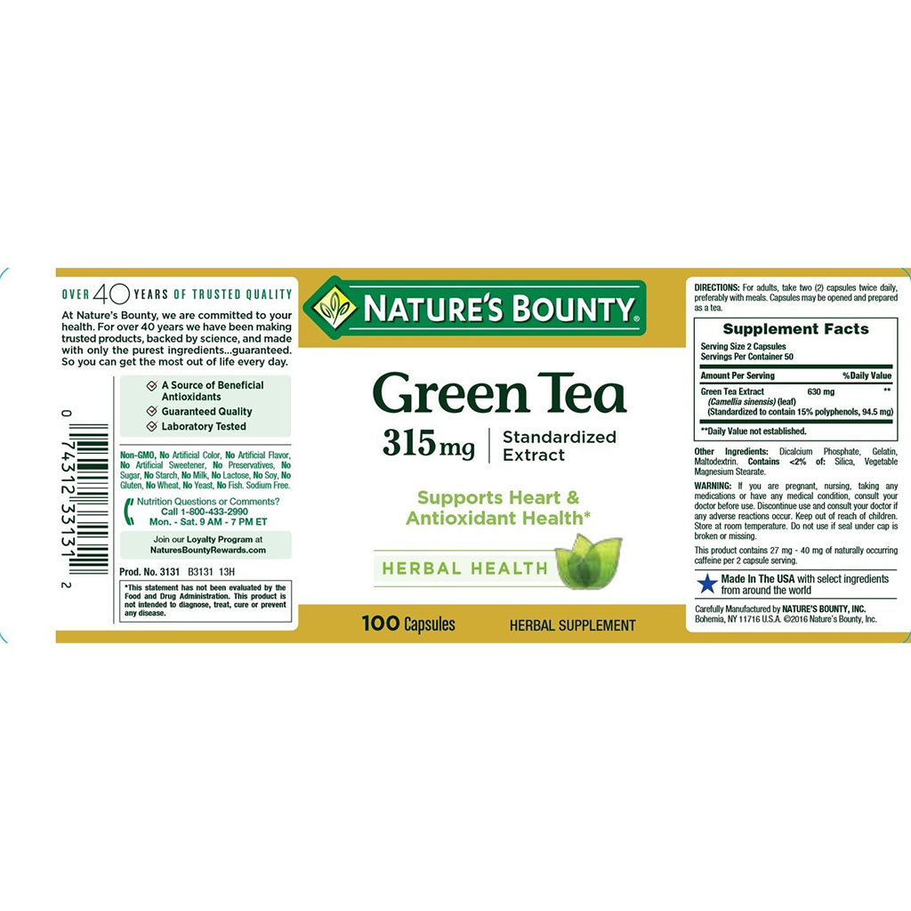 Nature's Bounty Green Tea Extract 315mg Capsules For Antioxidant Support, Pack of 100's