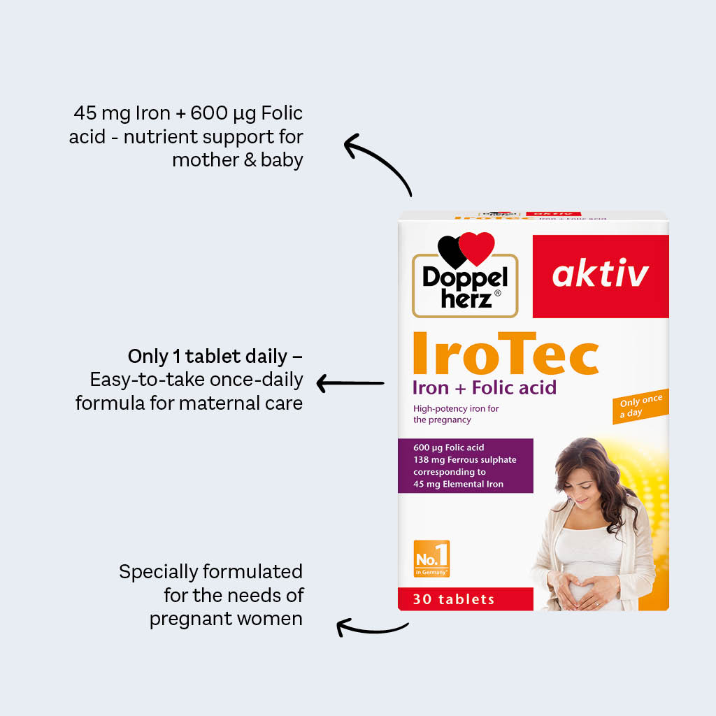 Doppelherz aktiv IroTec Iron + Folic Acid Tablets For Pregnancy Support, Pack of 30's