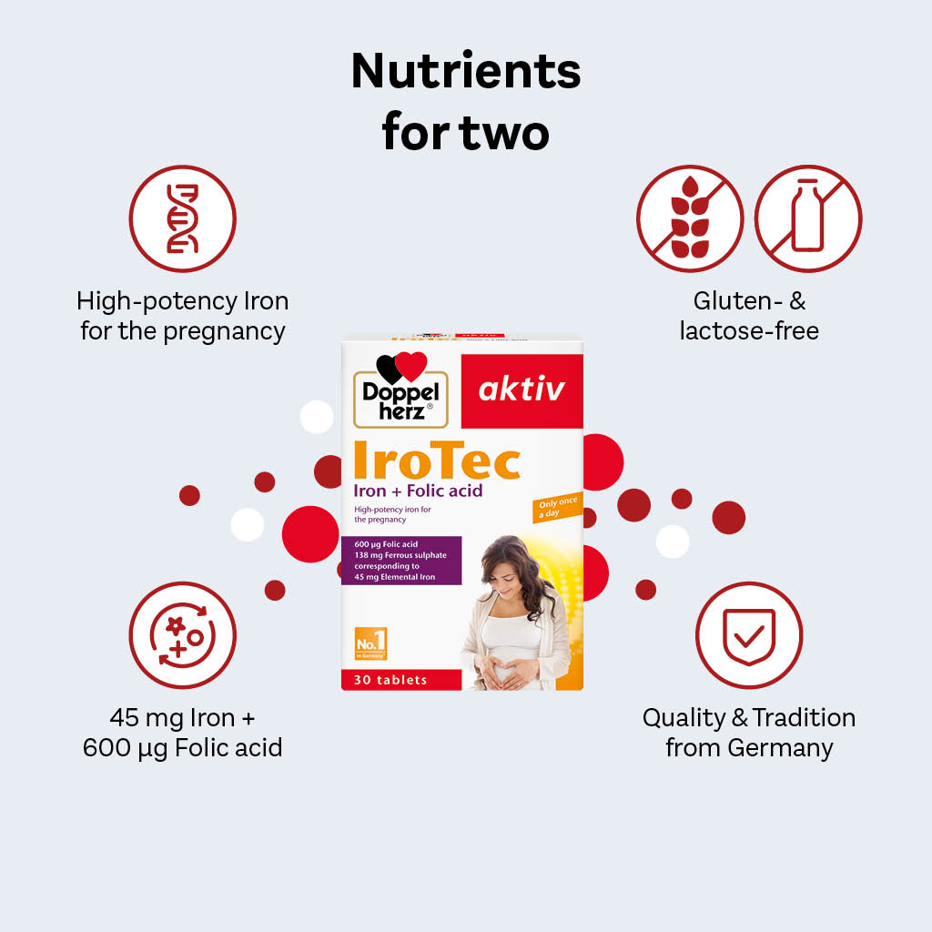 Doppelherz aktiv IroTec Iron + Folic Acid Tablets For Pregnancy Support, Pack of 30's