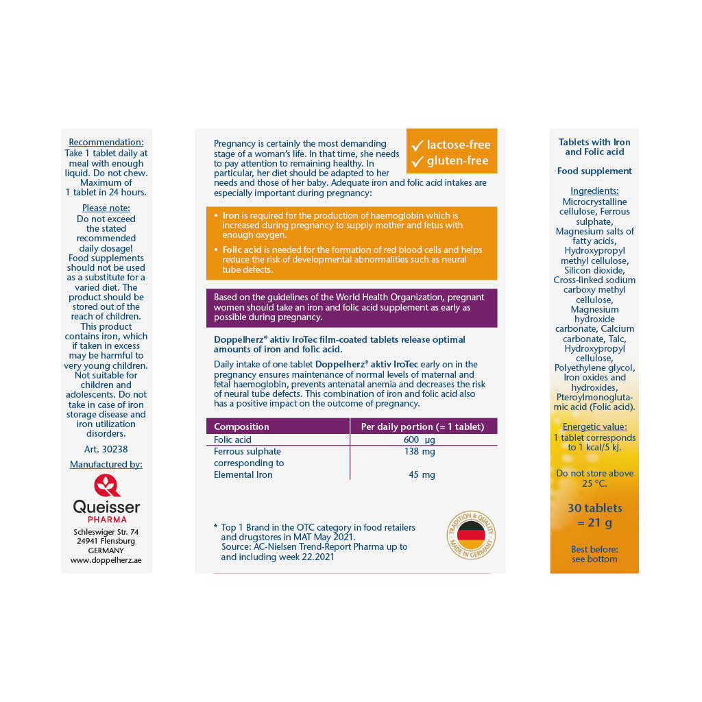 Doppelherz aktiv IroTec Iron + Folic Acid Tablets For Pregnancy Support, Pack of 30's
