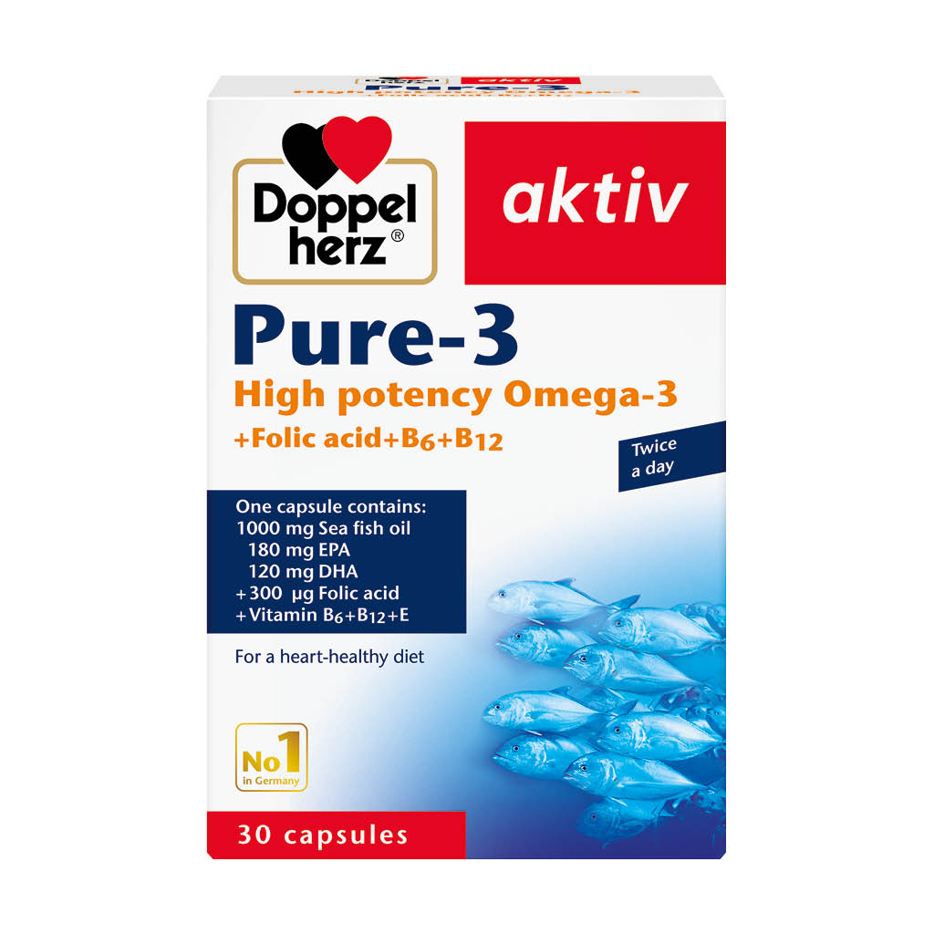 Doppelherz aktiv Pure-3 1000mg Omega 3, Folic Acid, Vitamin E, B6 & B12 Fish Oil Supplement Capsules, Pack of 30's