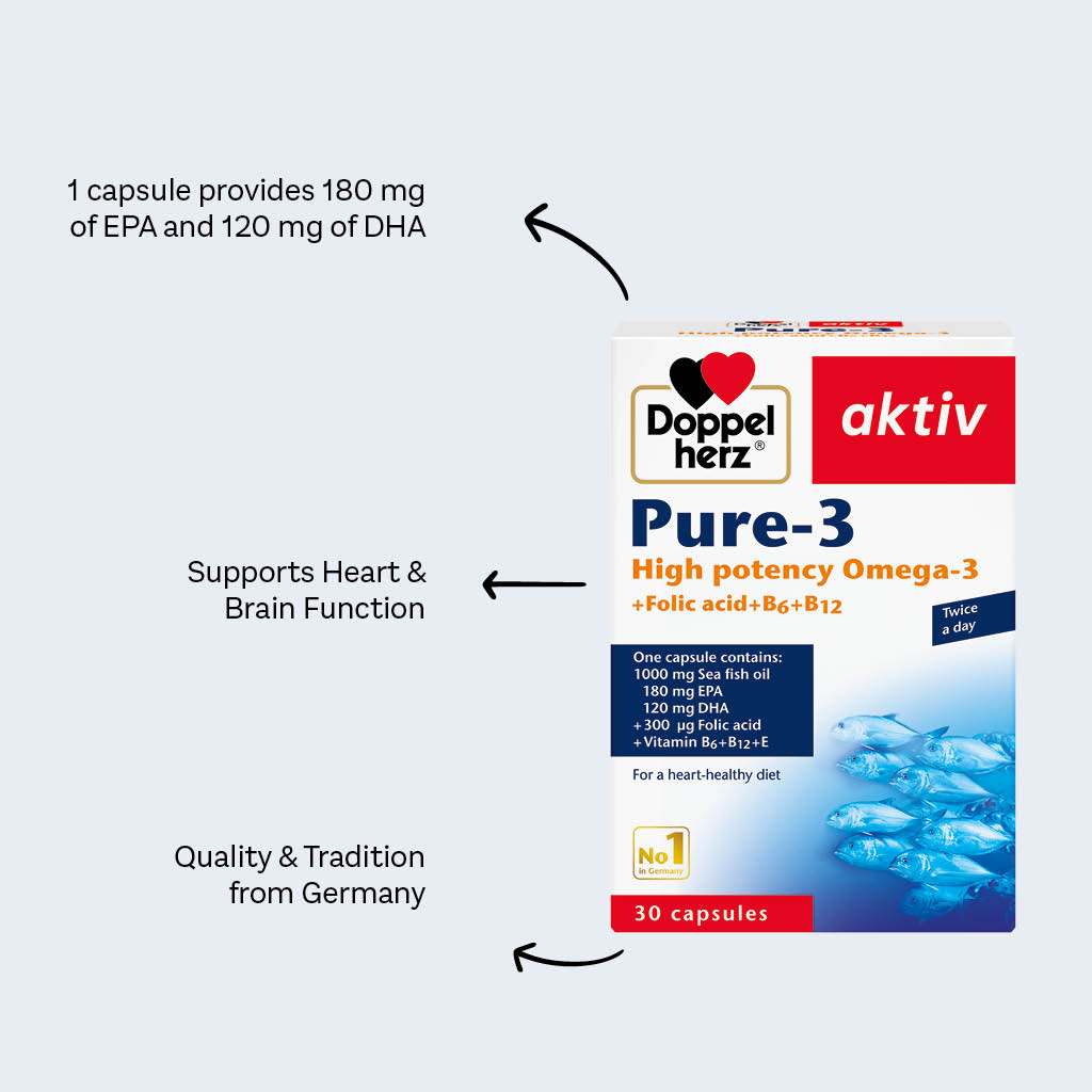 Doppelherz aktiv Pure-3 1000mg Omega 3, Folic Acid, Vitamin E, B6 & B12 Fish Oil Supplement Capsules, Pack of 30's