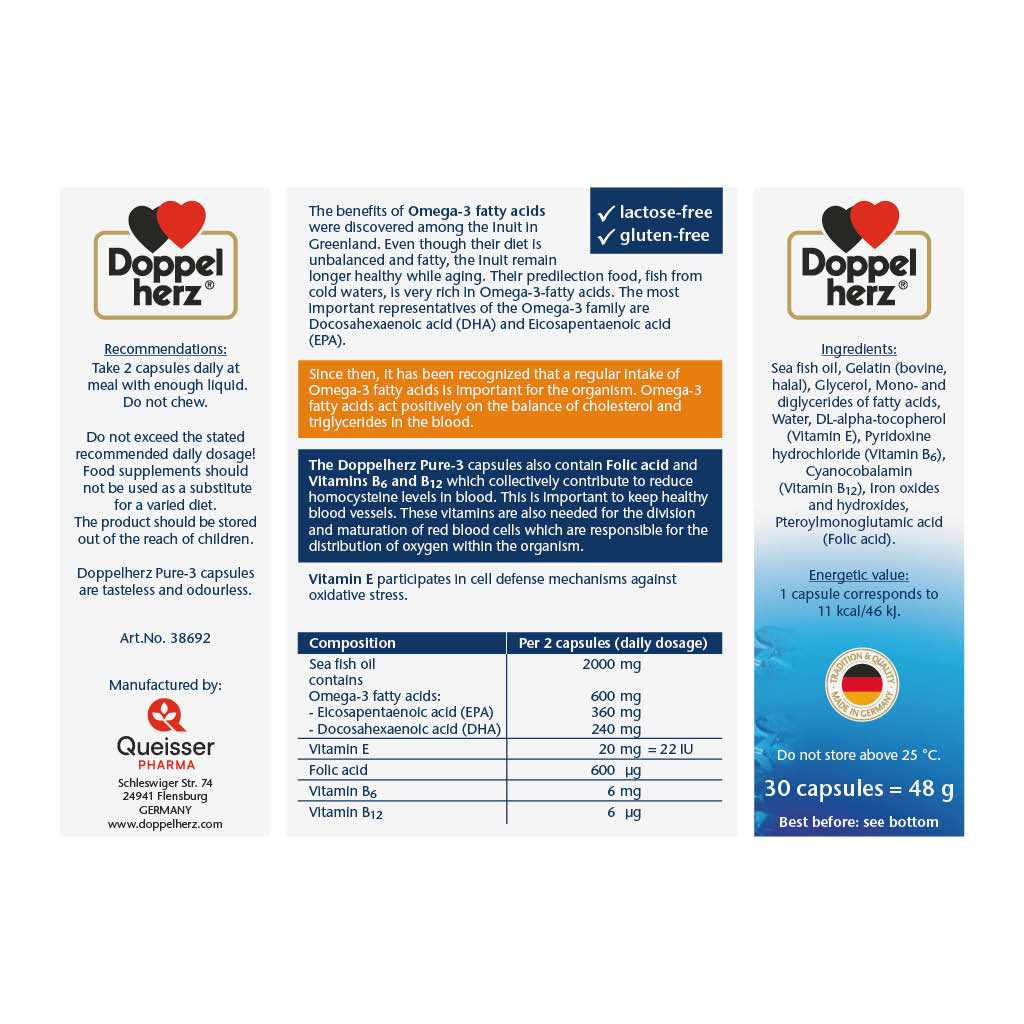 Doppelherz aktiv Pure-3 1000mg Omega 3, Folic Acid, Vitamin E, B6 & B12 Fish Oil Supplement Capsules, Pack of 30's