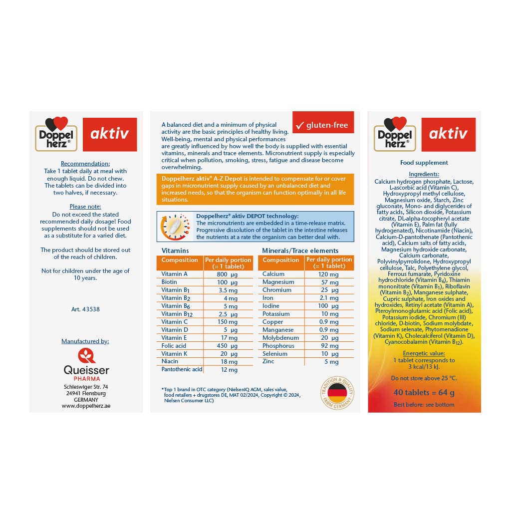Doppelherz aktiv A-Z Adult Multivitamins & Minerals Depot Supplement Tablets, Pack of 40's