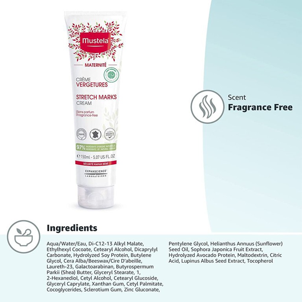 Mustela 3 In 1 Maternity Stretch Marks Cream For Pregnancy, Fragrance Free 150ml