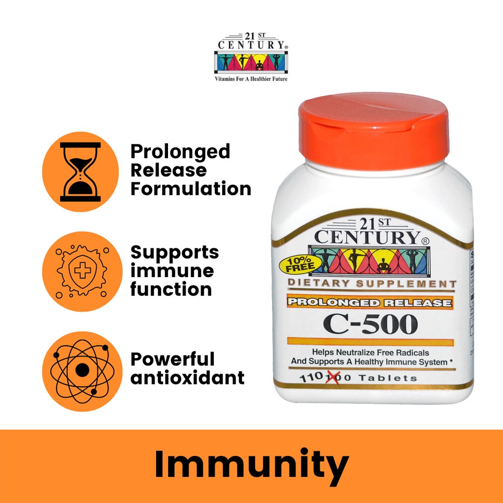21st Century Vitamin C 500mg Prolonged Release Tablets For Antioxidant & Immunity Support, Pack of 110's