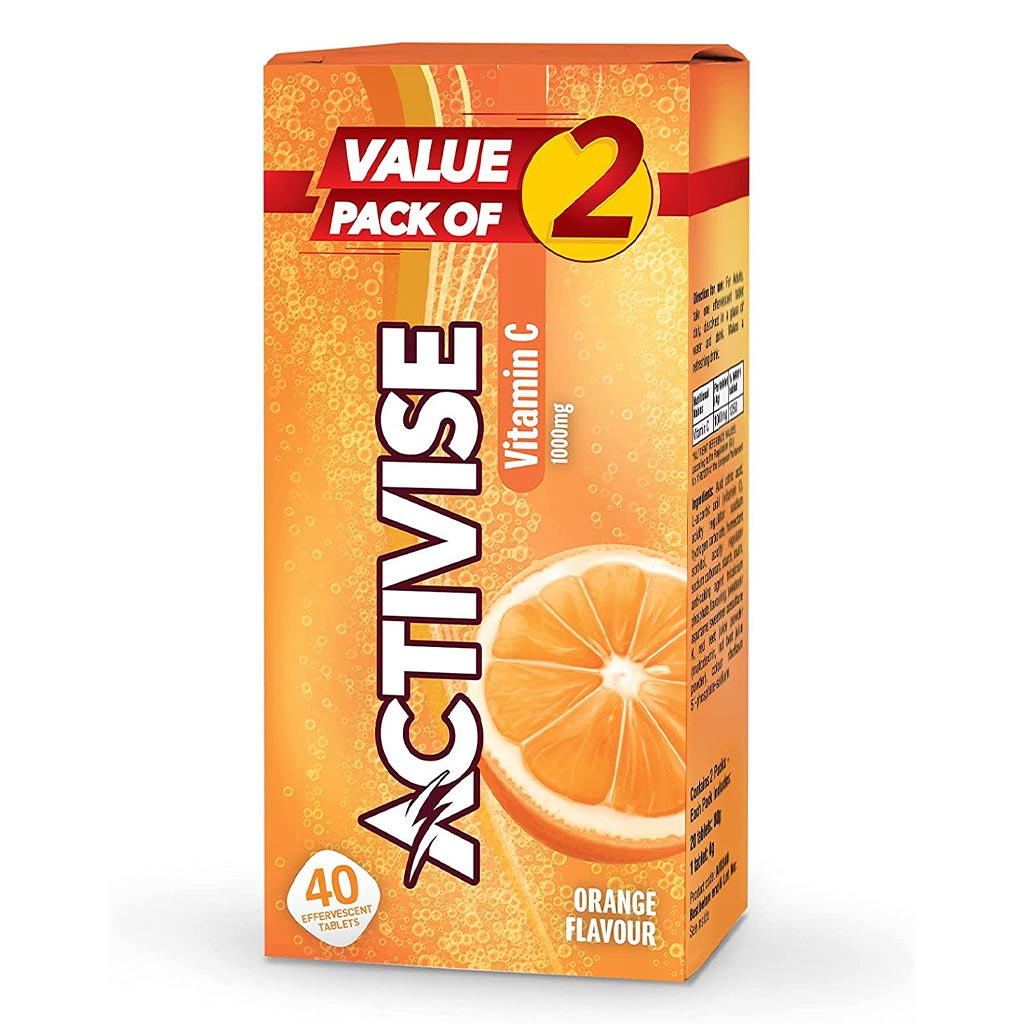 Activise Vitamin C 1000 mg Orange Flavor Effervescent Tablets For Immunity Boost, Value Pack of 2x20's