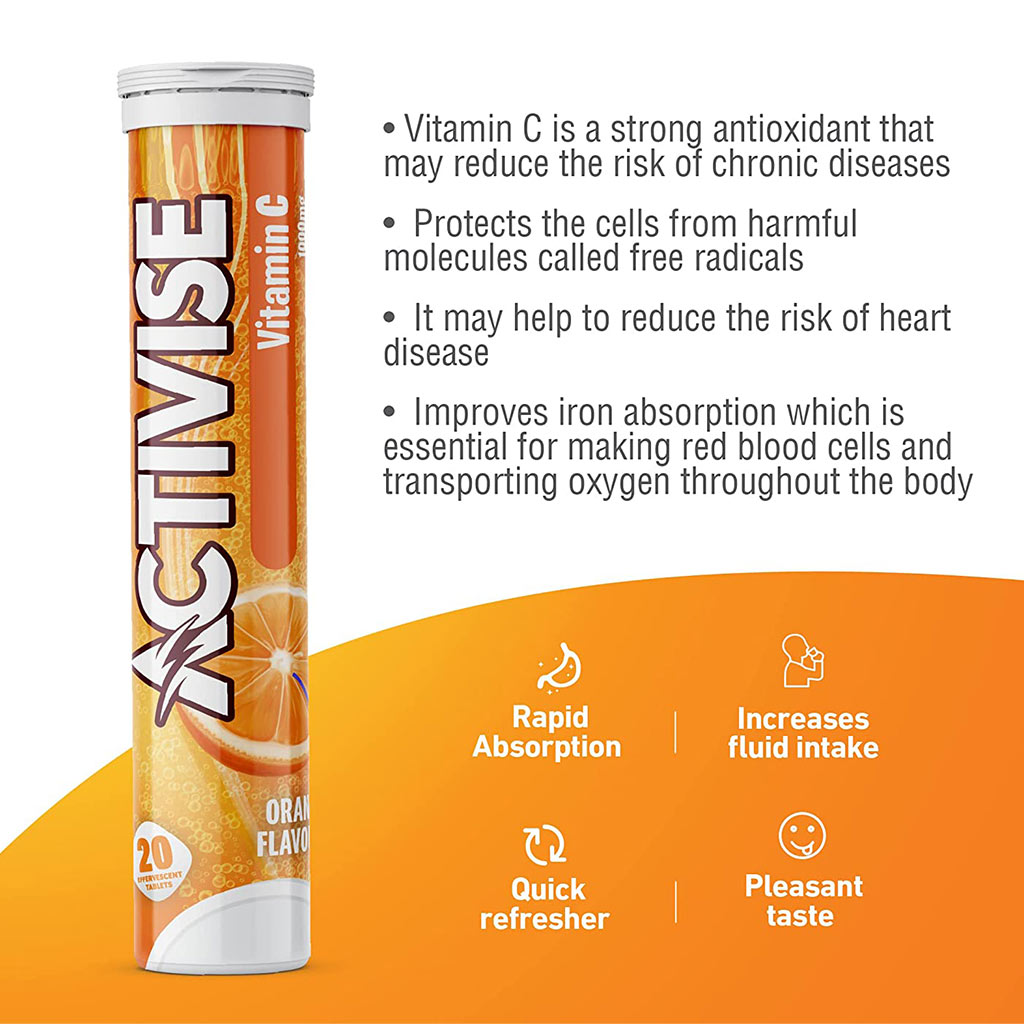 Activise Vitamin C 1000 mg Orange Flavor Effervescent Tablets For Immunity Boost, Value Pack of 2x20's