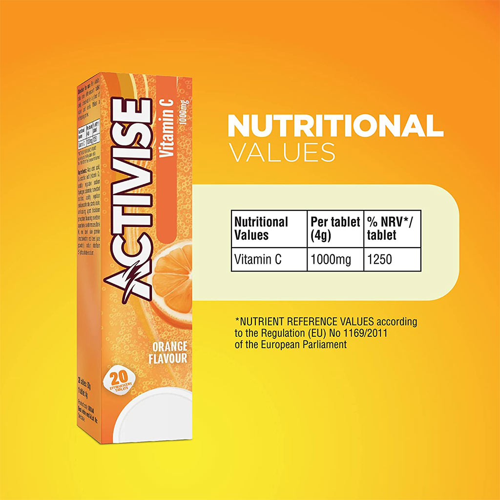 Activise Vitamin C 1000 mg Orange Flavor Effervescent Tablets For Immunity Boost, Value Pack of 2x20's